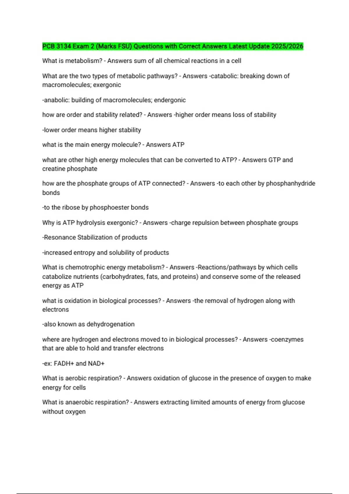 PCB 3134 Exam 2 (Marks FSU) Questions with Correct Answers Latest ...
