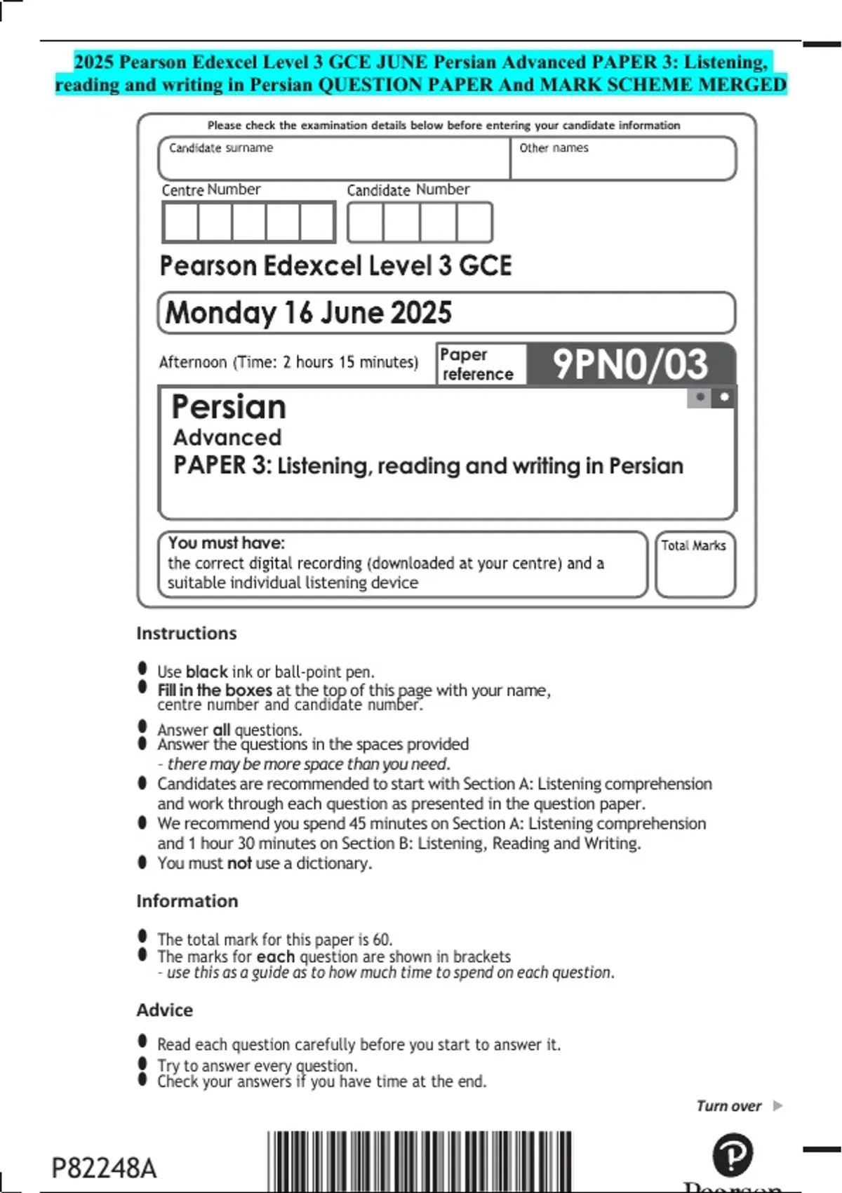 2025 Pearson Edexcel Level 3 GCE JUNE Persian Advanced PAPER 3 ...