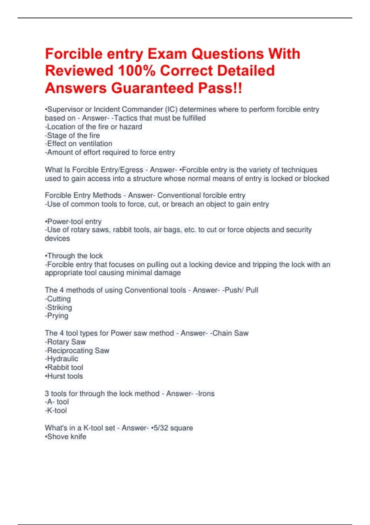 Forcible entry Exam Questions With Reviewed 100% Correct Detailed ...