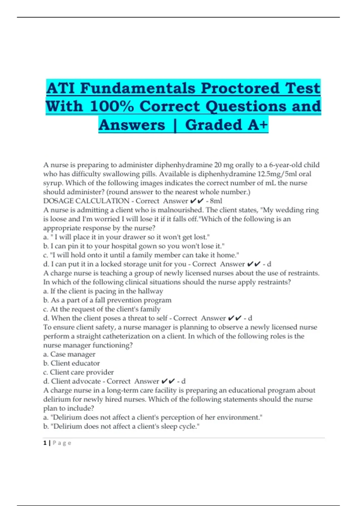 ATI Fundamentals Proctored Test With 100% Correct Questions and Answers ...