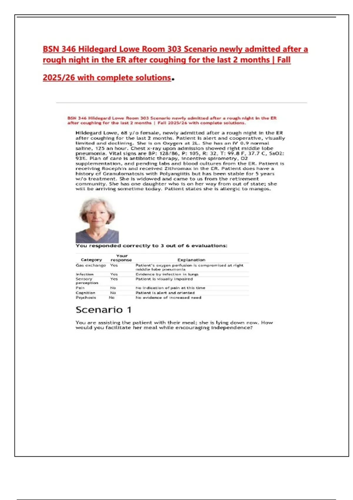 Hilde R. Alexandre BSN 346 Hildegard Lowe Room 303 Scenario newly admitted after a rough ...