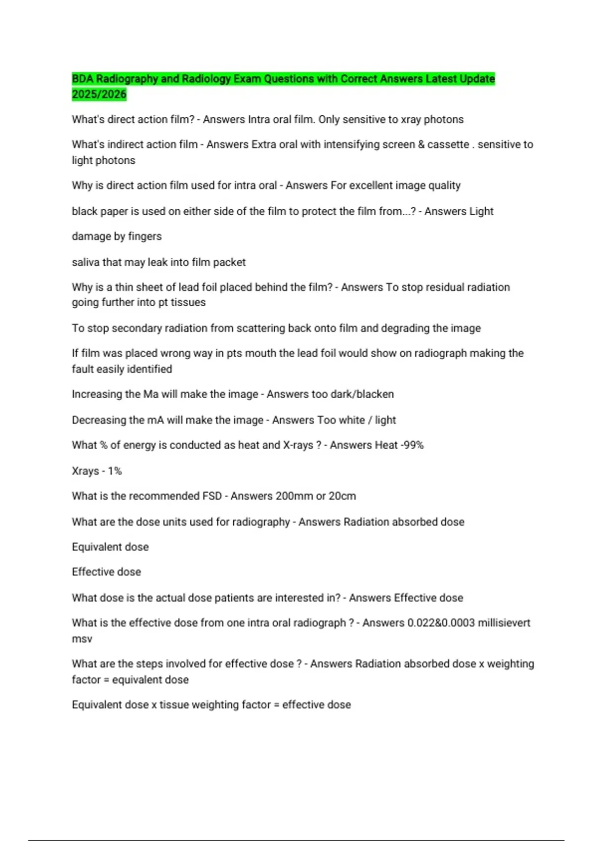 BDA Radiography and Radiology Exam Questions with Correct Answers ...