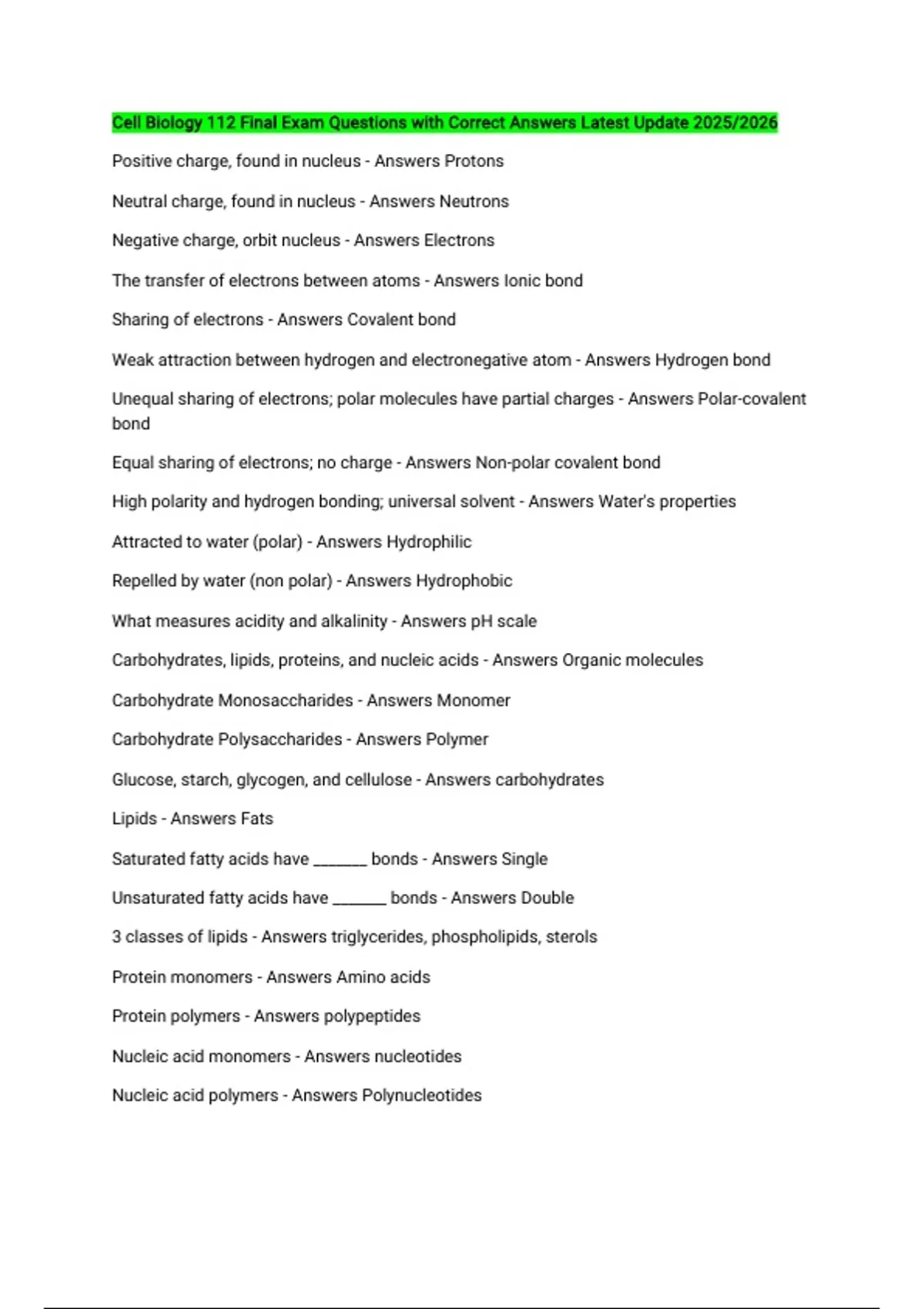 Cell Biology 112 Final Exam Questions with Correct Answers Latest ...