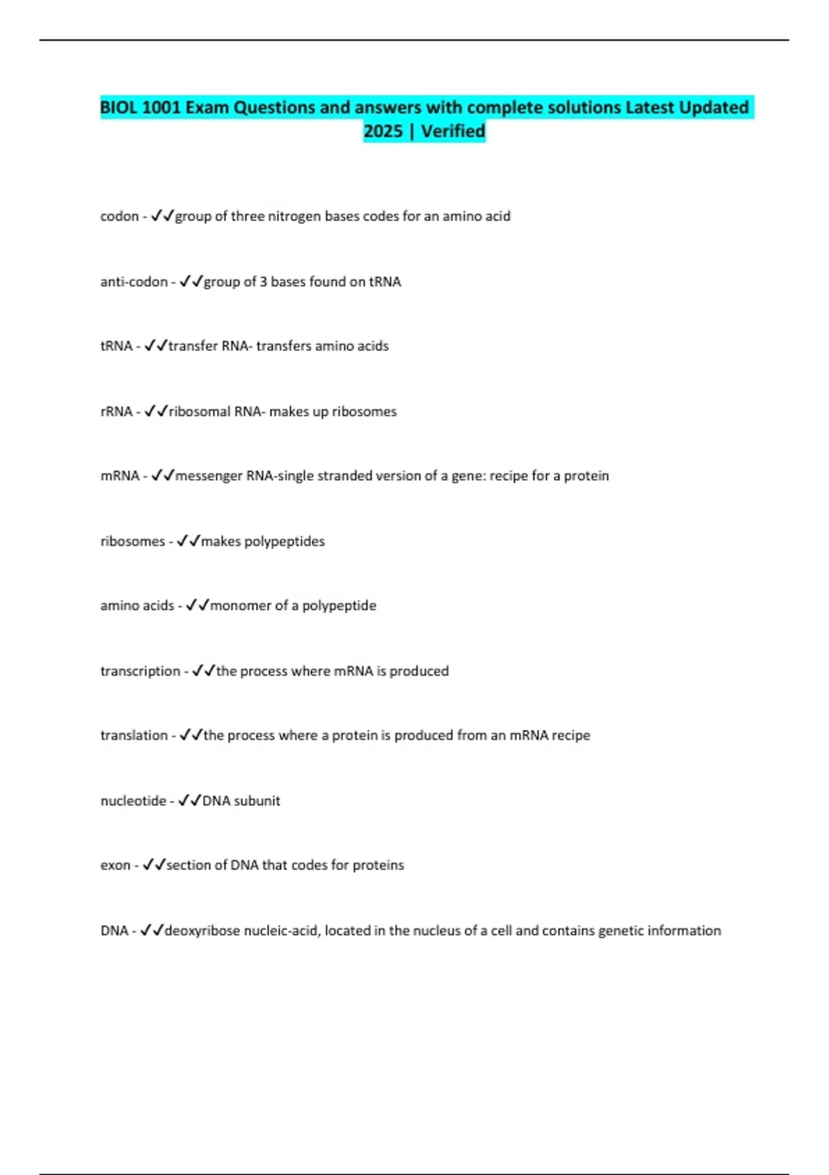BIOL 1001 Exam Questions and answers 2025/2026 Update. Final Exam ...