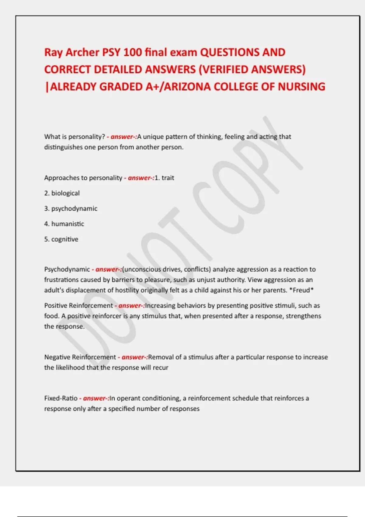 Ray Archer PSY 100 final exam QUESTIONS AND CORRECT DETAILED ANSWERS ...