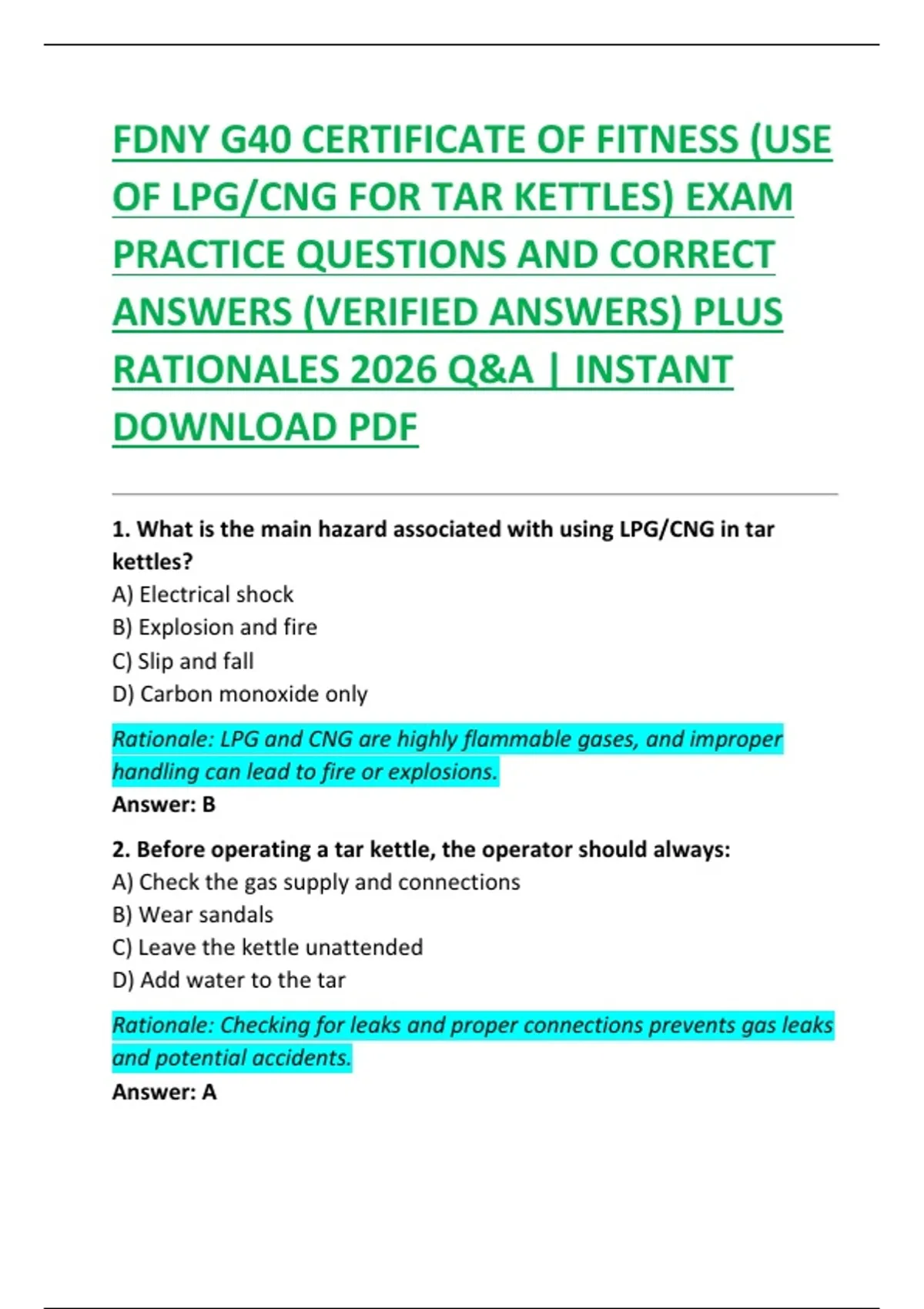 FDNY G40 CERTIFICATE OF FITNESS (USE OF LPG/CNG FOR TAR KETTLES) EXAM ...