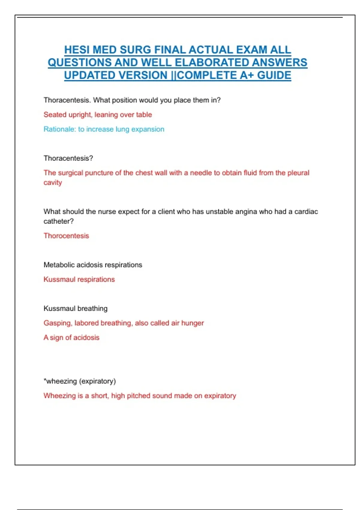 HESI MED SURG FINAL ACTUAL EXAM ALL QUESTIONS AND WELL ELABORATED ...