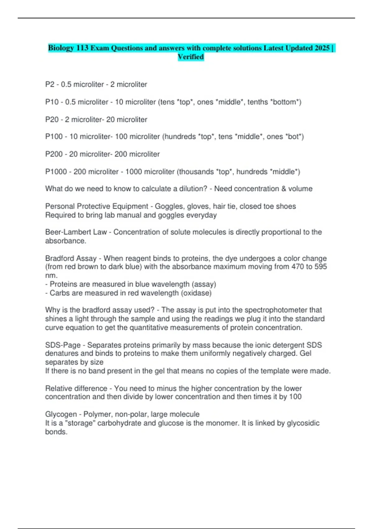 Biology 113 Exam Questions and answers with complete solutions Latest ...