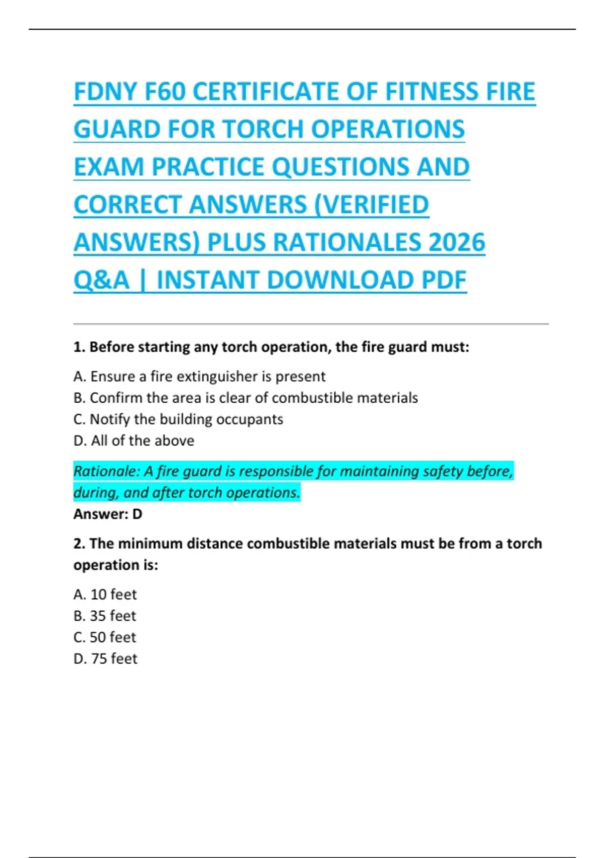 FDNY F60 CERTIFICATE OF FITNESS FIRE GUARD FOR TORCH OPERATIONS EXAM PRACTICE QUESTIONS AND ...