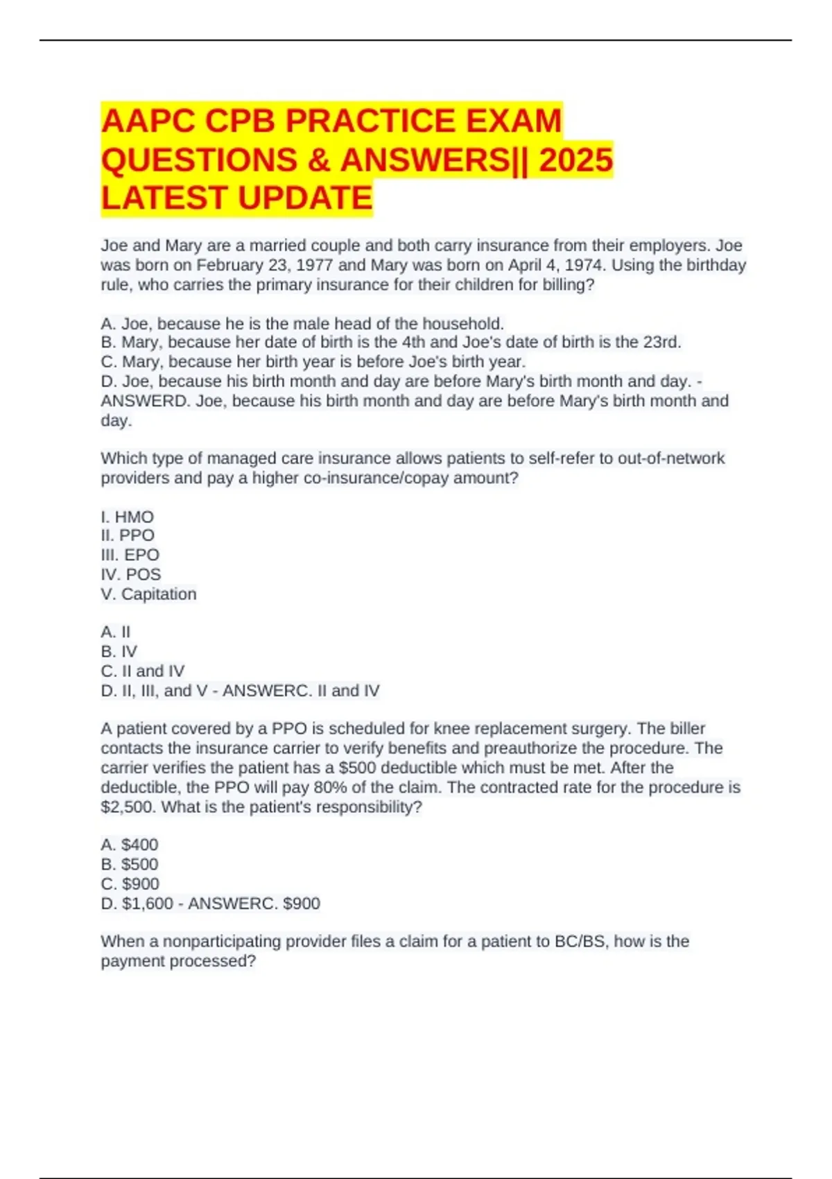 AAPC CPB PRACTICE EXAM QUESTIONS & ANSWERS|| 2025 LATEST UPDATE - AAPC ...