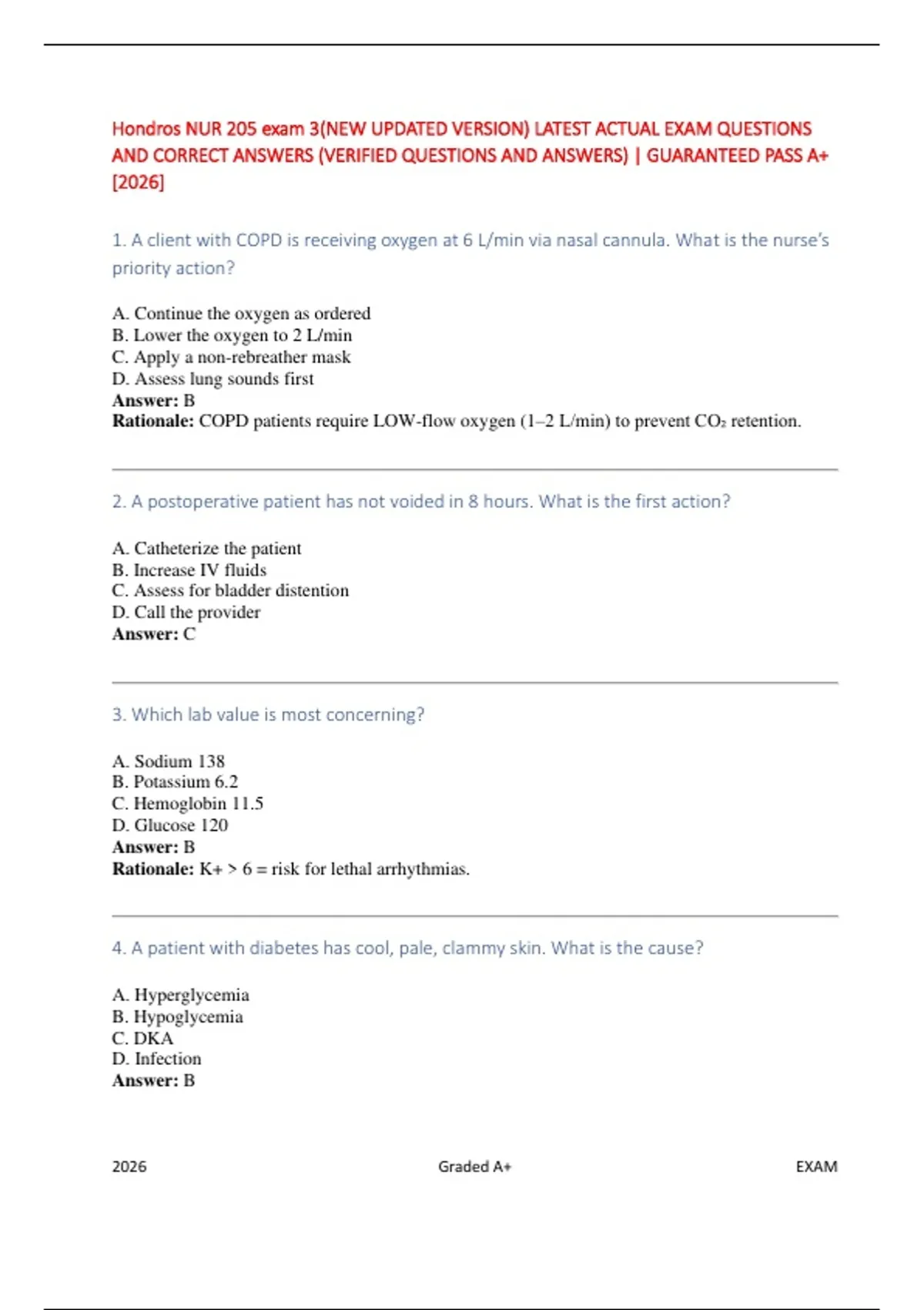 Hondros NUR 205 Exam 3 – Updated 2026 Study Guide & Practice Questions ...