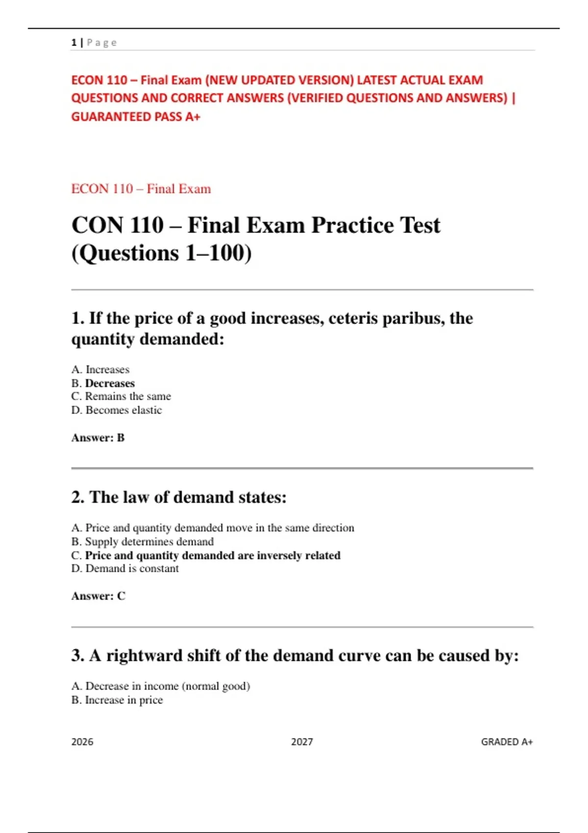 ECON 110 Final Exam – Updated 2026 Study Guide & Practice Questions ...