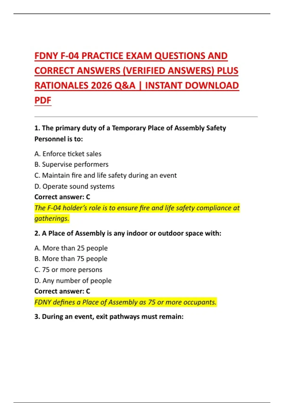 FDNY F-04 PRACTICE EXAM QUESTIONS AND CORRECT ANSWERS (VERIFIED ANSWERS) PLUS RATIONALES 2026 Q ...