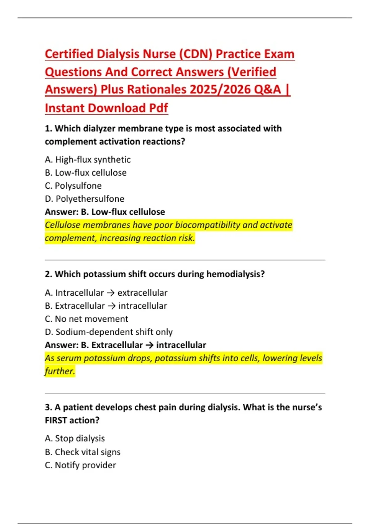 Certified Dialysis Nurse (CDN) Practice Exam Questions And Correct Answers (Verified Answers ...