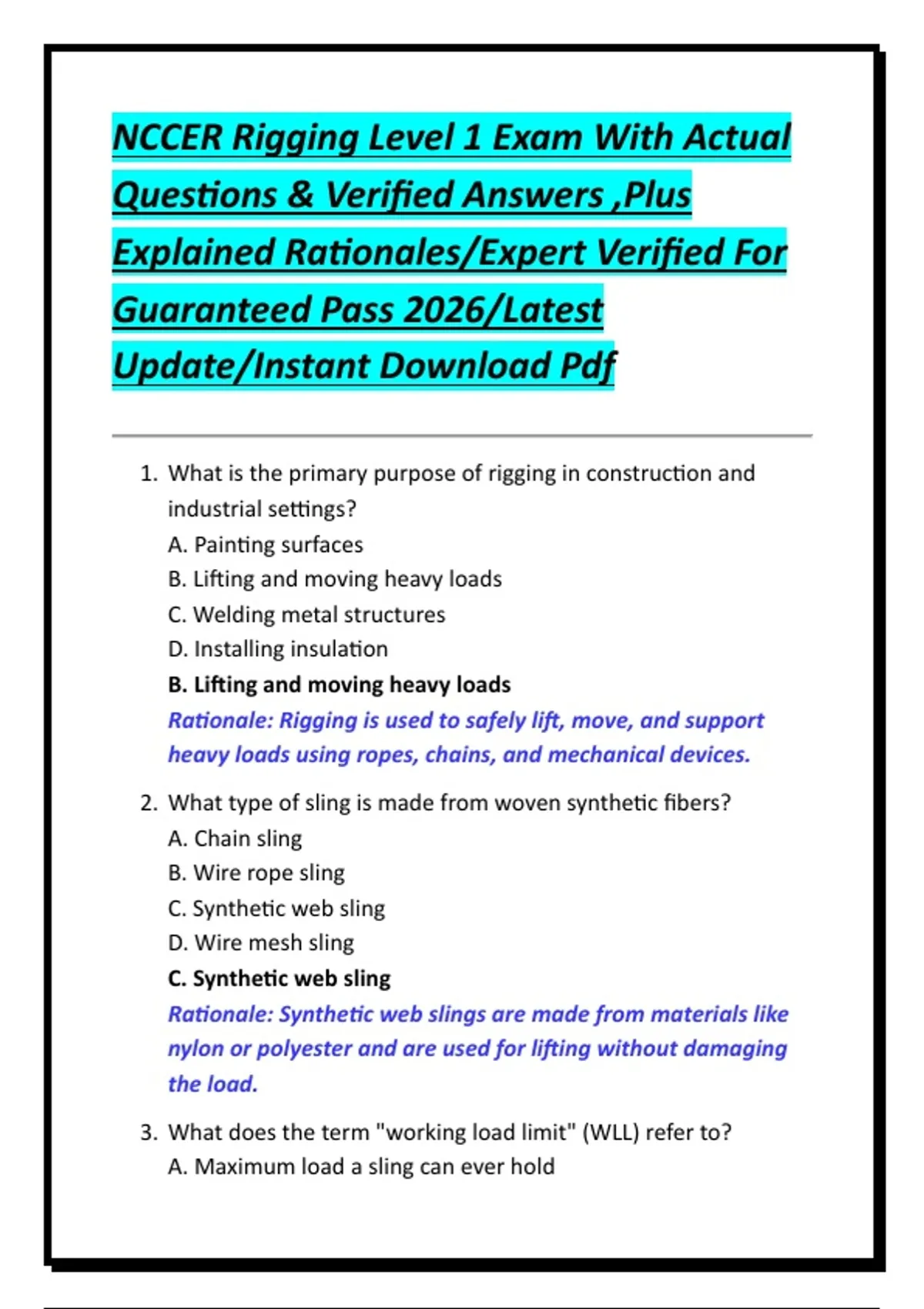 NCCER Rigging Level 1 Exam With Actual Questions & Verified Answers ...