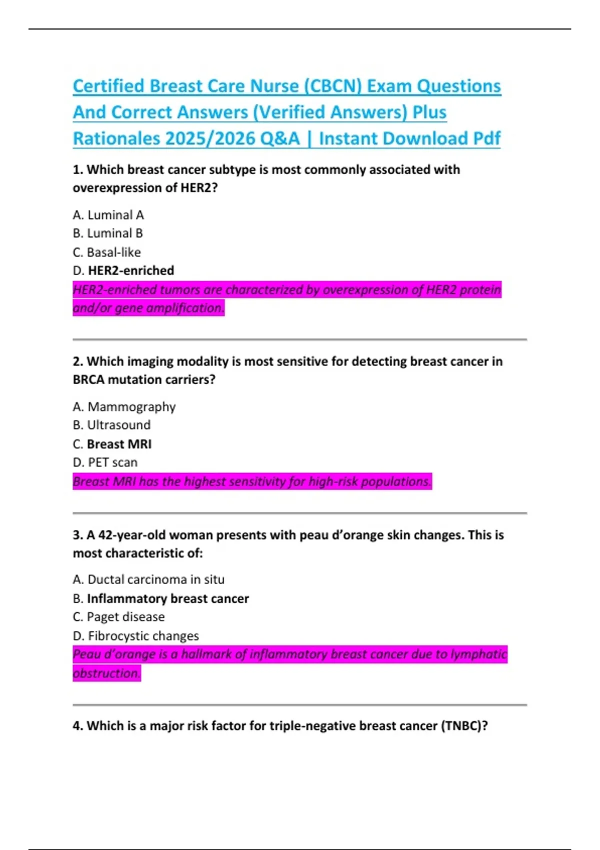 Certified Breast Care Nurse (CBCN) Exam Questions And Correct Answers ...