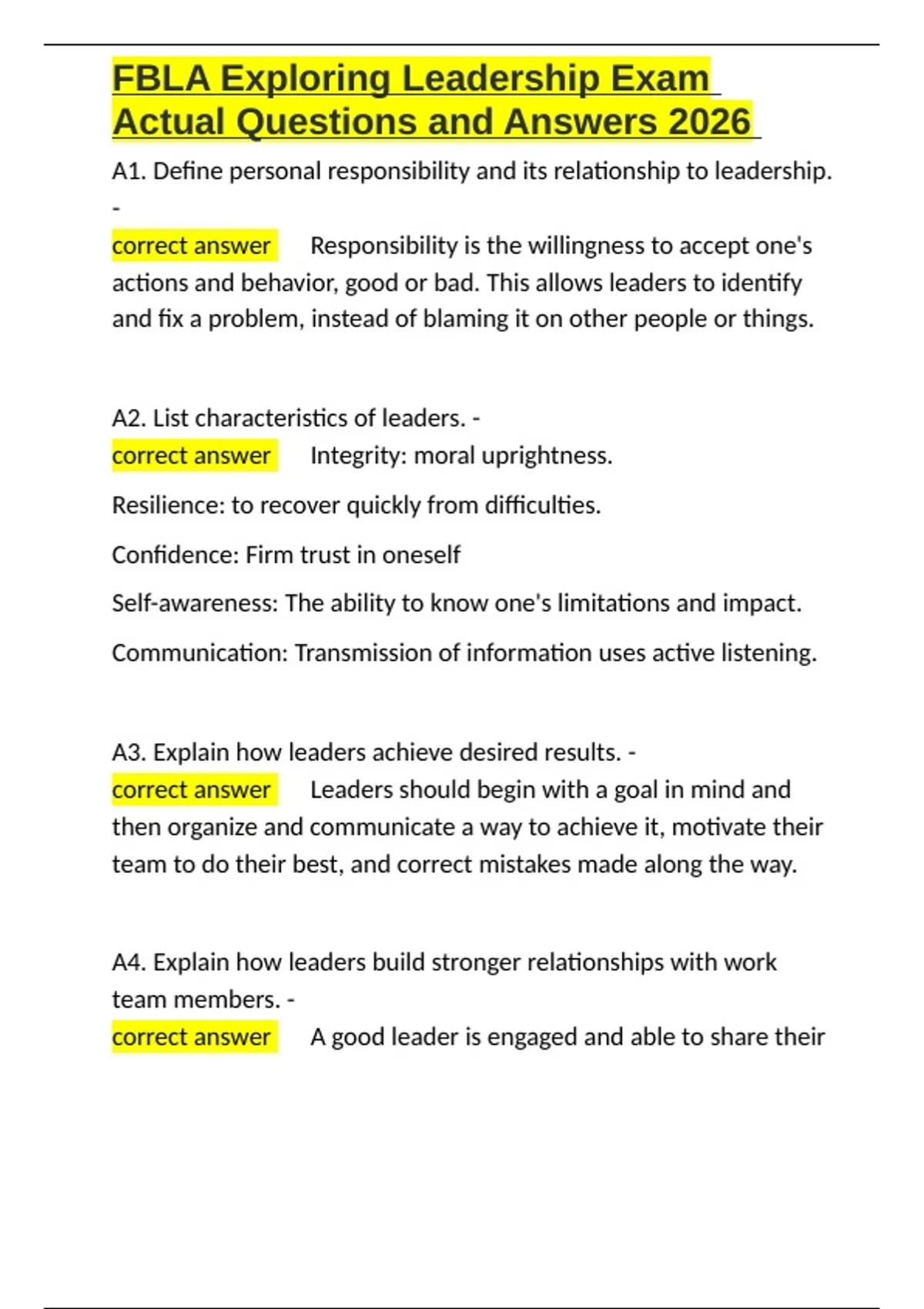 FBLA Exploring Leadership Exam Actual Questions and Answers 2026.docx ...