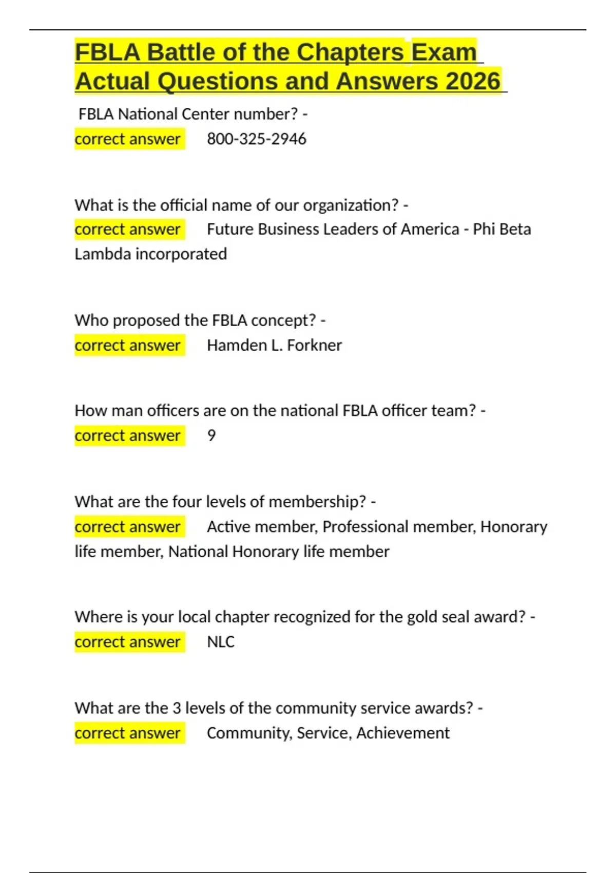 FBLA Battle of the Chapters Exam Actual Questions and Answers 2026.docx ...