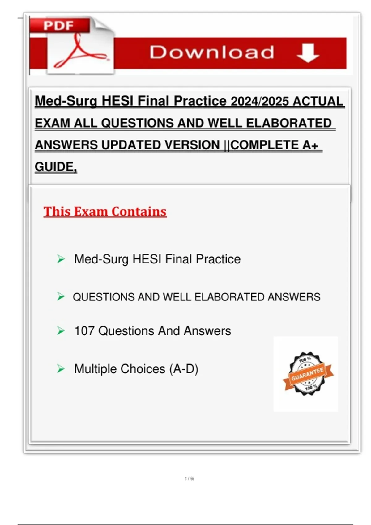 Med-Surg HESI Final Practice 2024/2025 ACTUAL EXAM ALL QUESTIONS AND ...