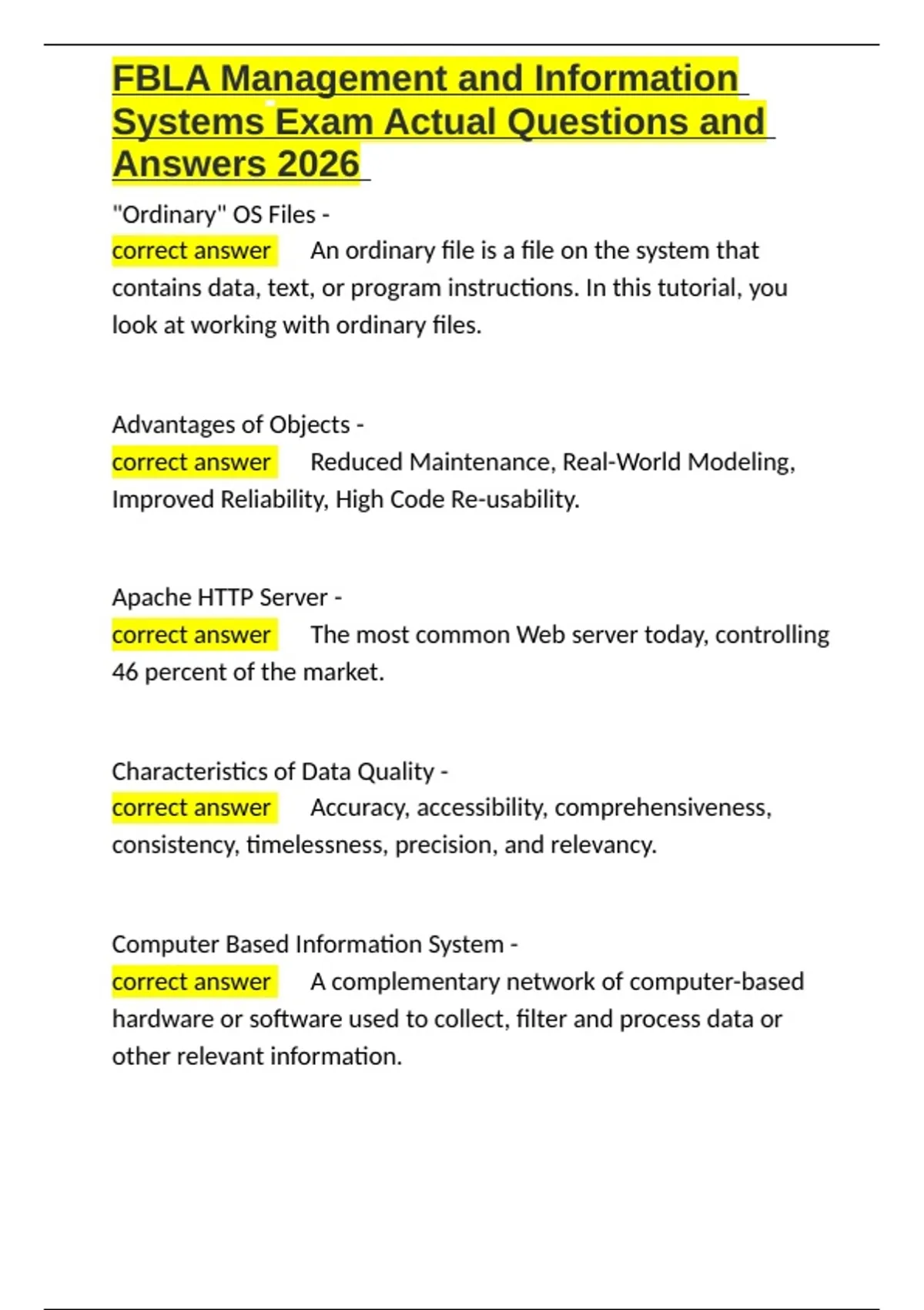 FBLA Management and Information Systems Exam Actual Questions and ...