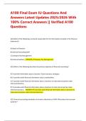 A100 Final Exam IU Questions And Answers Latest Updates 2025&sol;2026 With 100&percnt; Correct Answers &vert;&vert; Verified A100 Questions