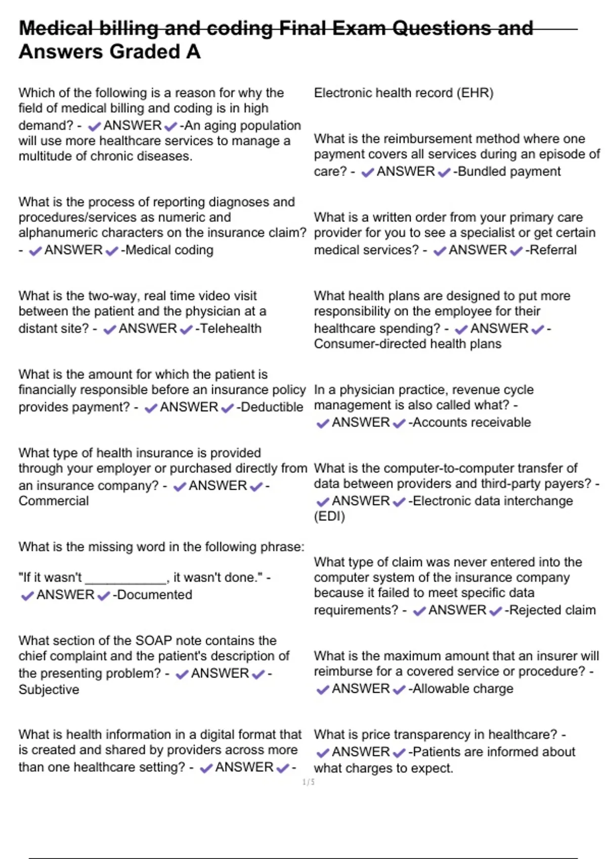 Medical billing and coding Final Exam Questions and Answers Graded A - Medical billing and ...