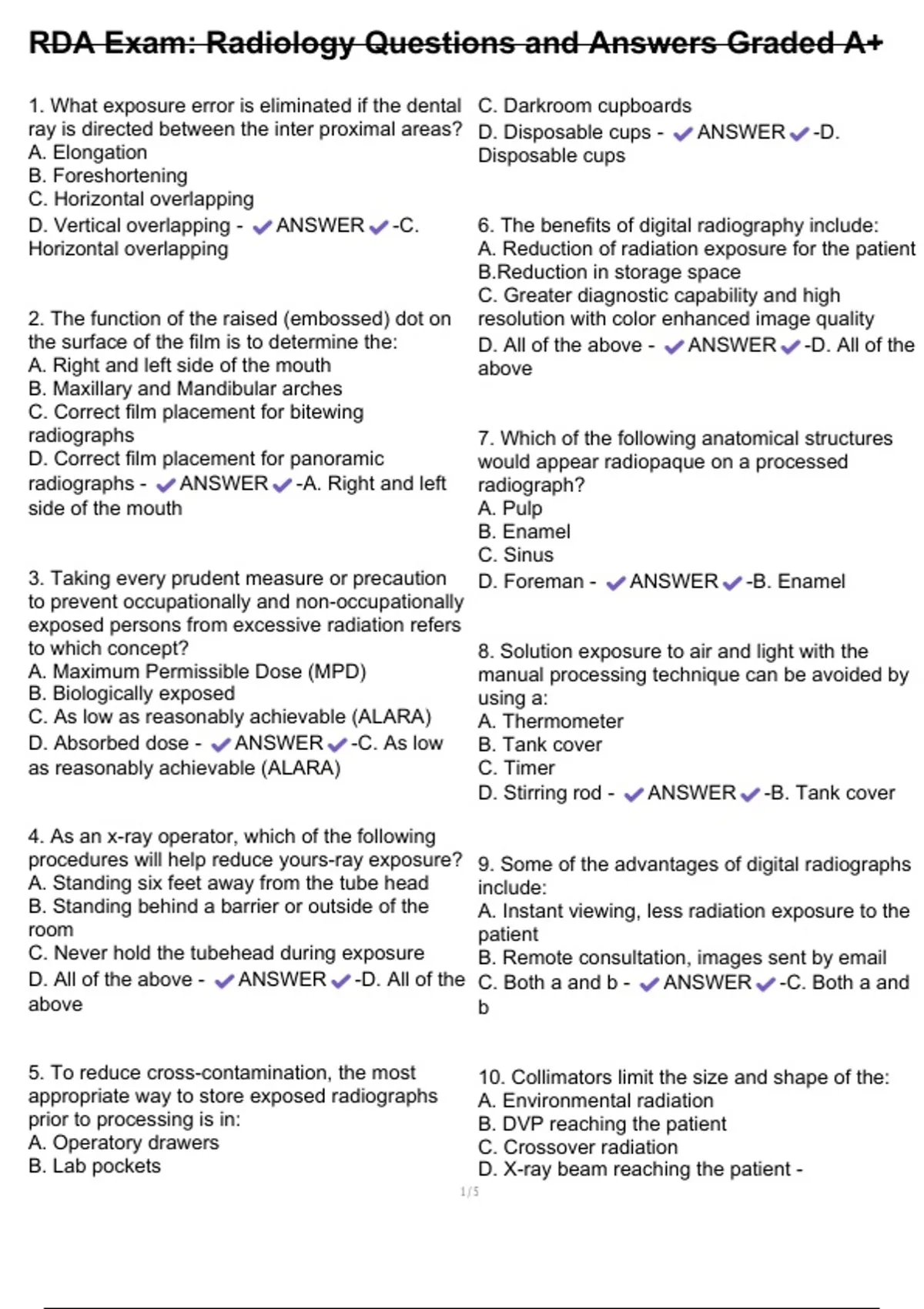 RDA Exam: Radiology Questions and Answers Graded A+ - RDA Radiology ...