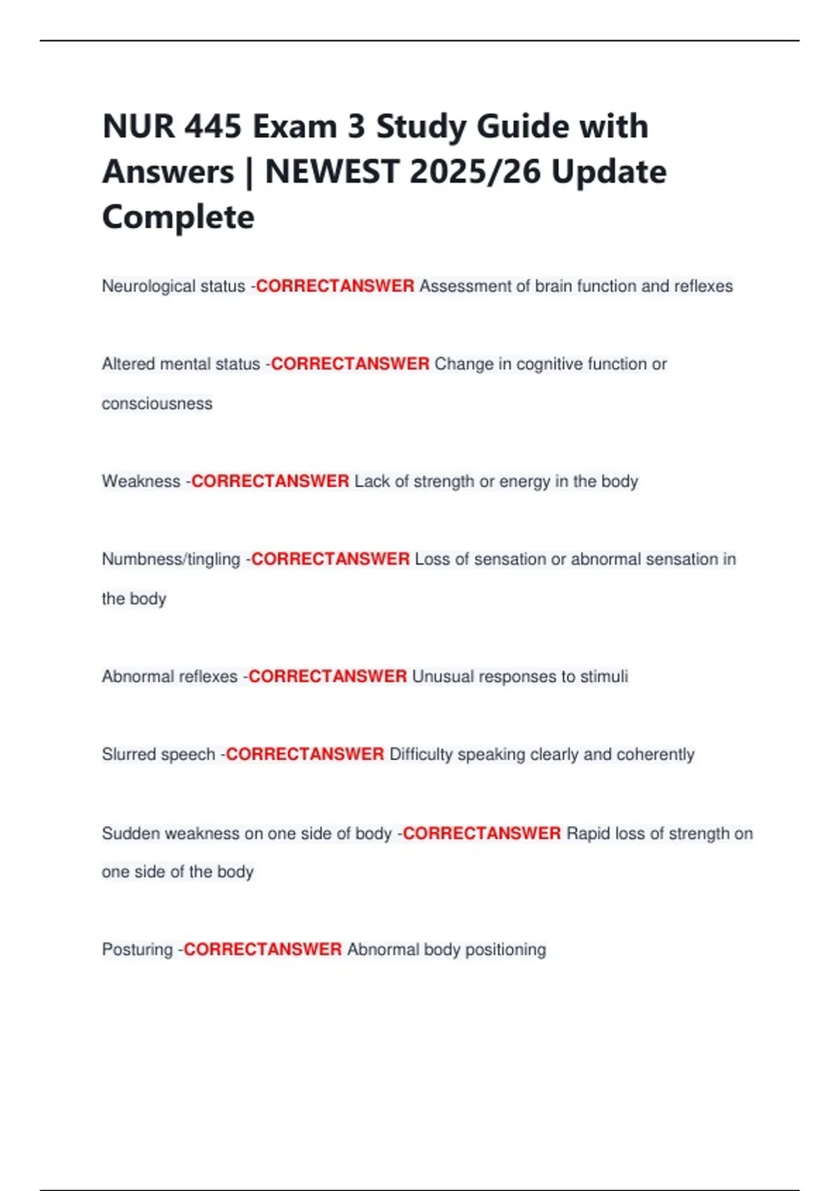 NUR 445 Exam 3 Study Guide with Answers | NEWEST 2025/26 Update ...