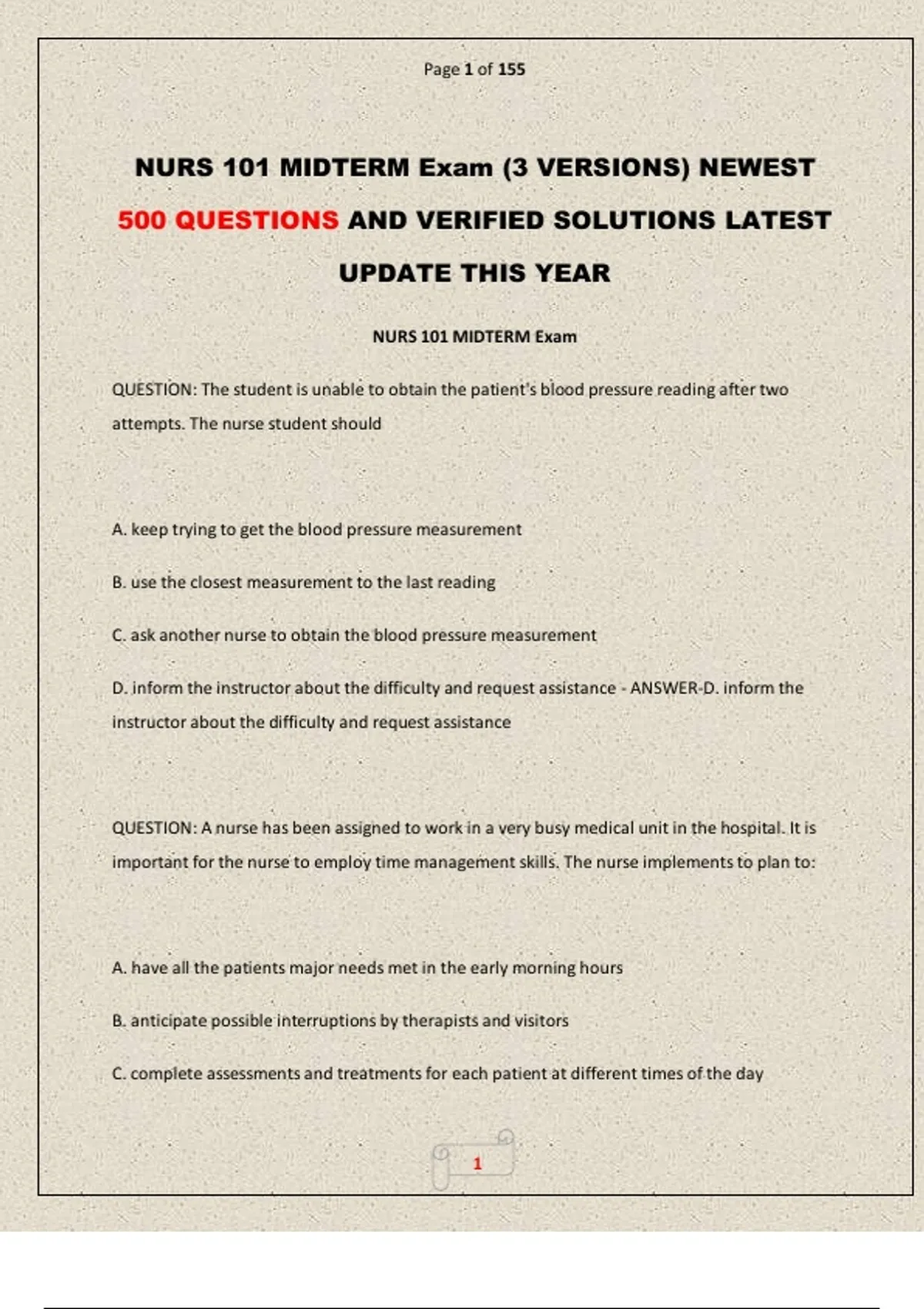 NURS 101 MIDTERM Exam (3 VERSIONS) NEWEST 500 QUESTIONS AND VERIFIED ...