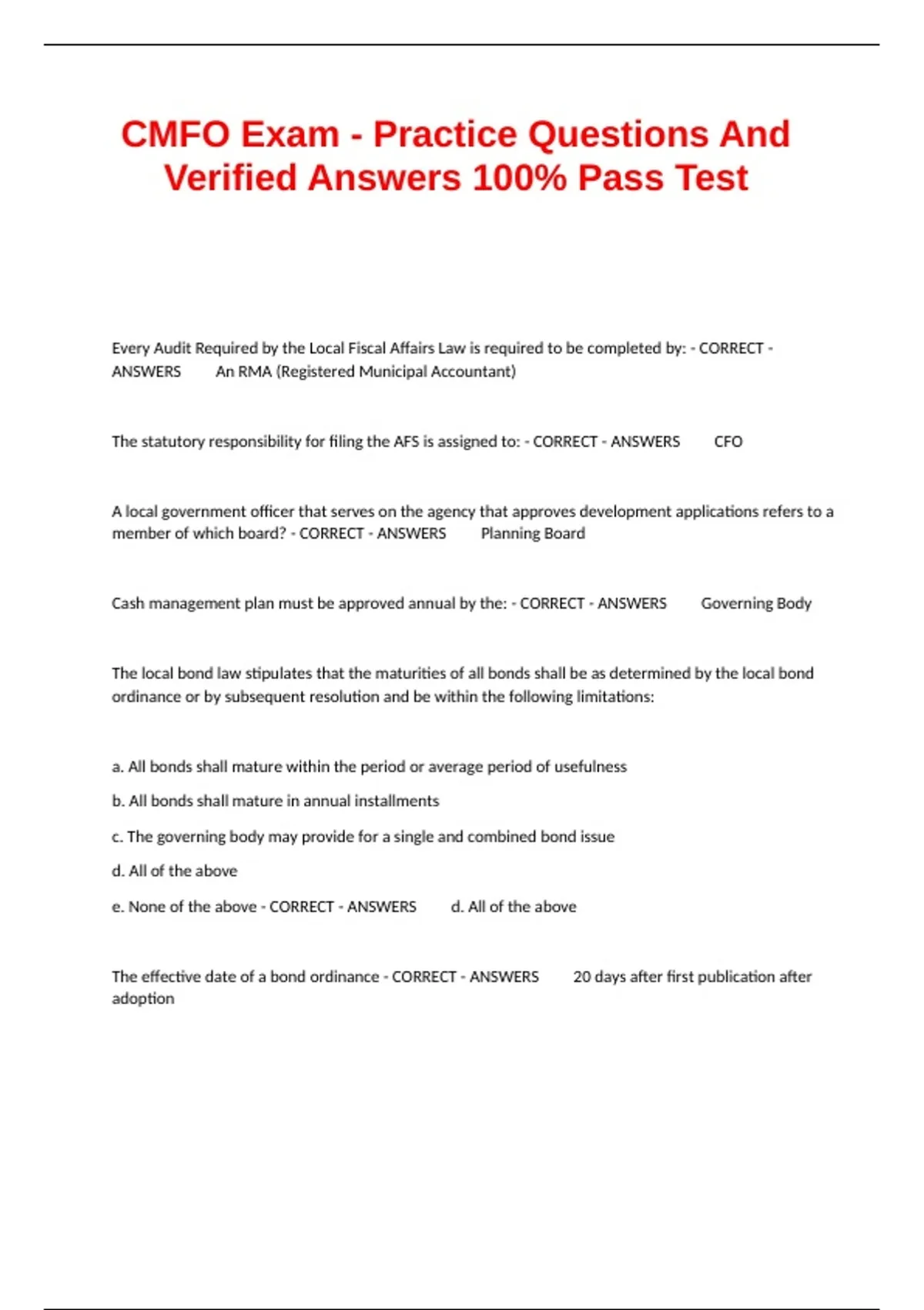 CMFO Exam - Practice Questions And Verified Answers 100% Pass Test ...
