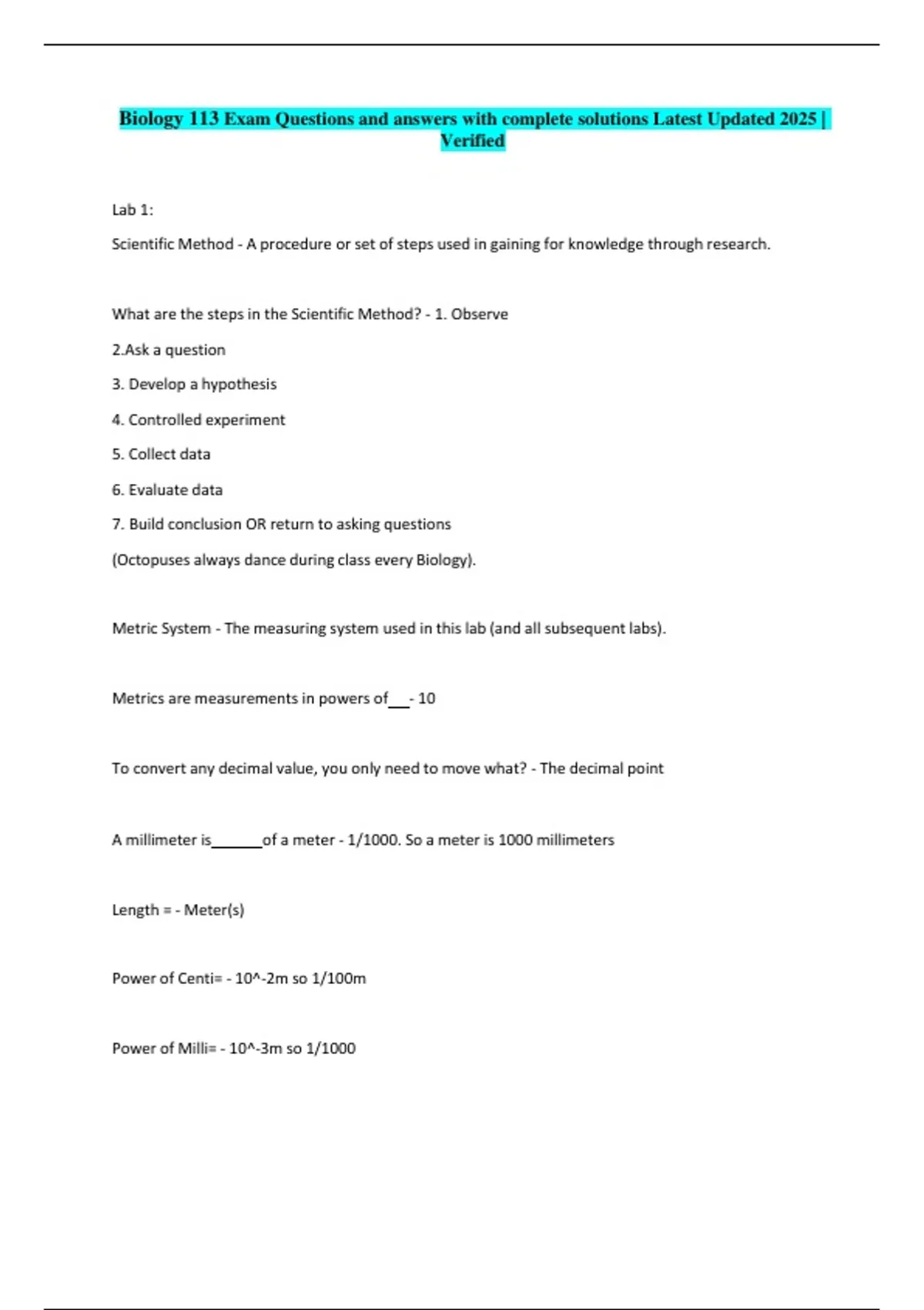 Biology 113 Exam Questions and answers with complete solutions2025/2026 ...