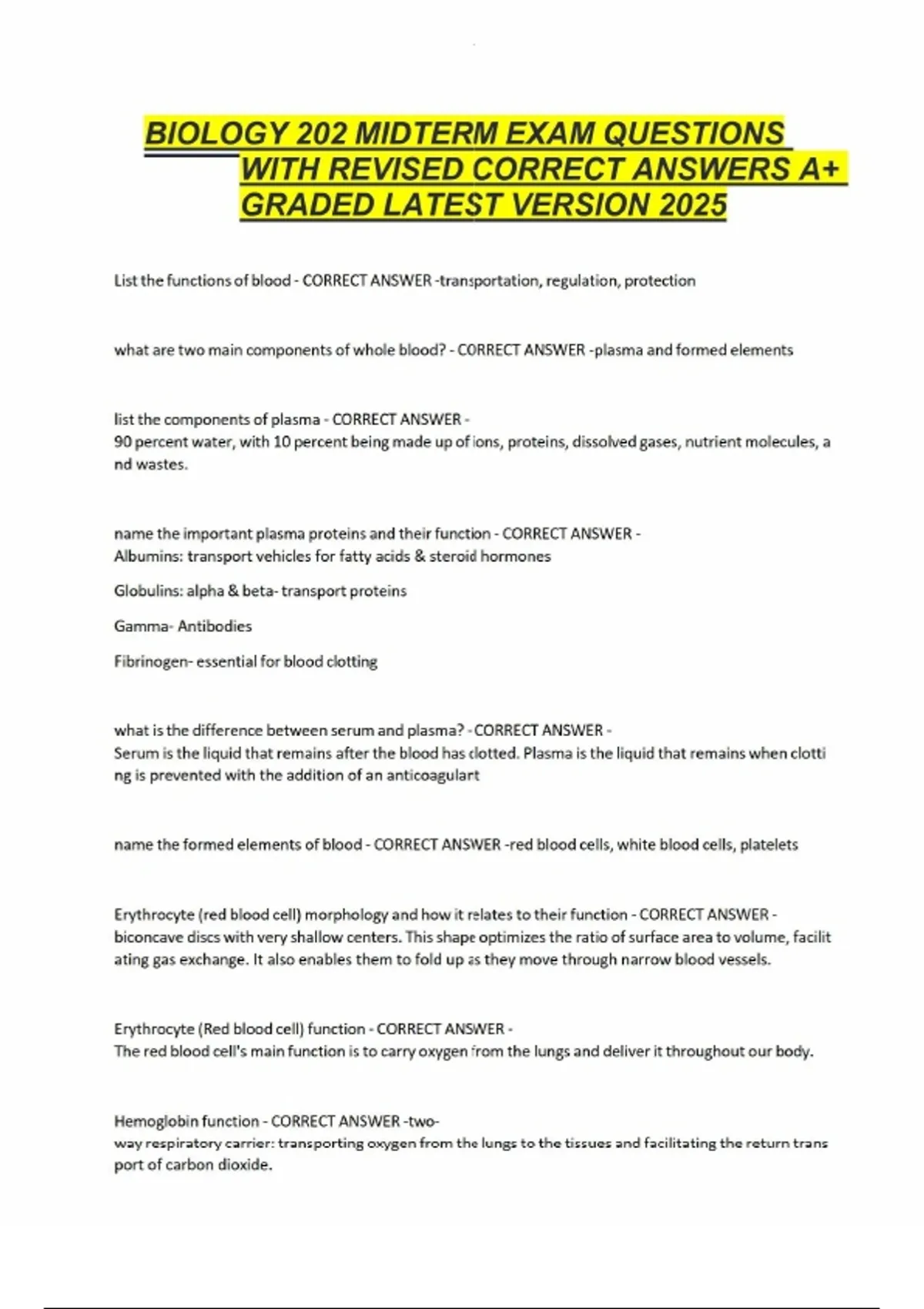 BIOLOGY 202 MIDTERM EXAM QUESTIONS WITH REVISED CORRECT ANSWERS A+ ...