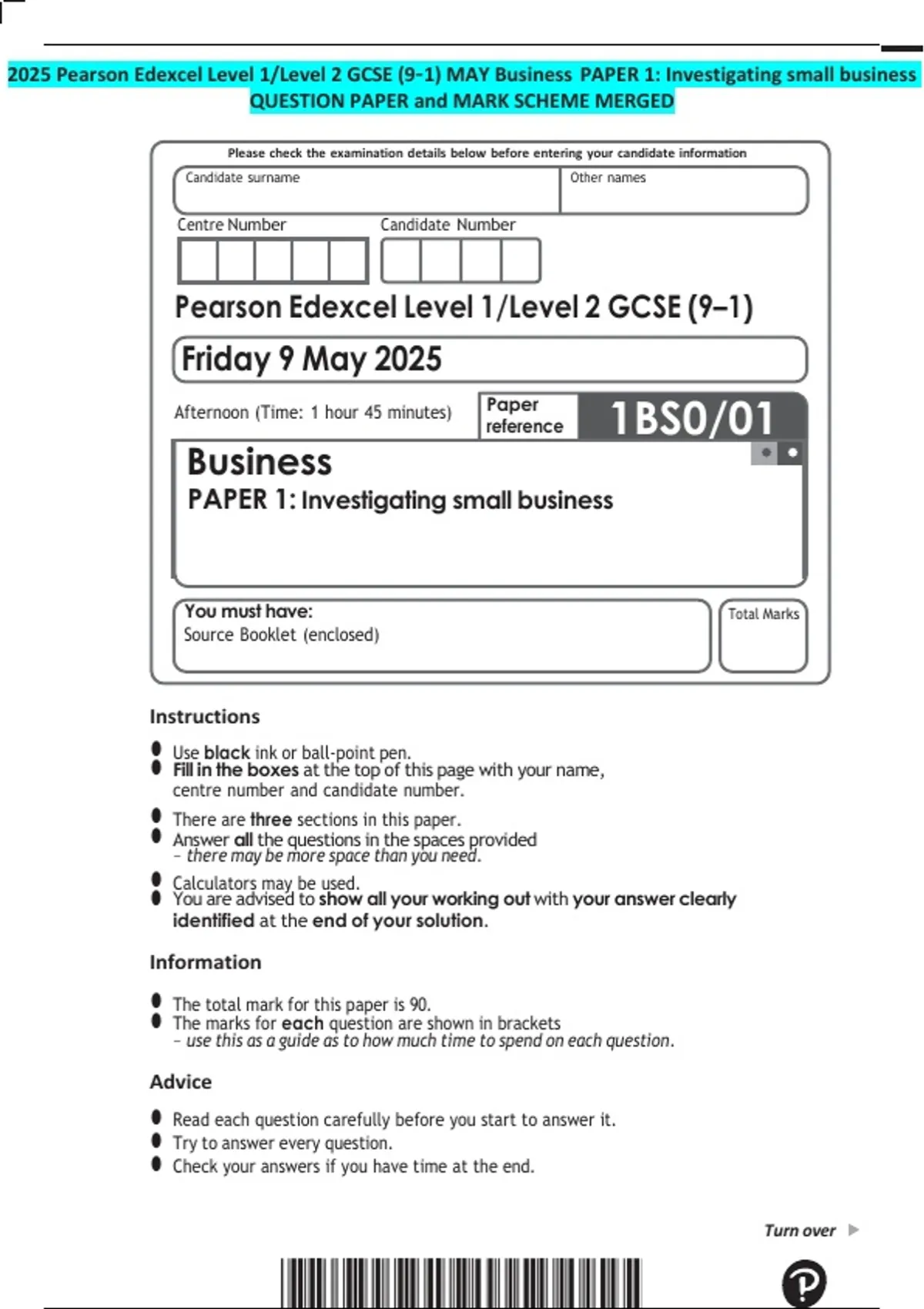 2025 Pearson Edexcel Level 1/Level 2 GCSE (9–1) MAY Business PAPER 1 ...