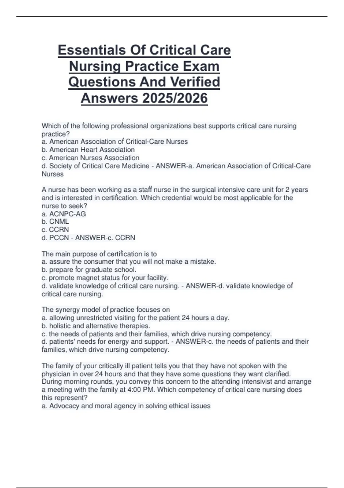 Essentials Of Critical Care Nursing Practice Exam Questions And ...