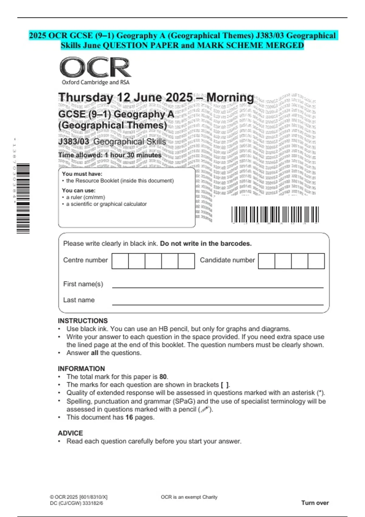 2025 OCR GCSE (9–1) Geography A (Geographical Themes) J383/03 ...