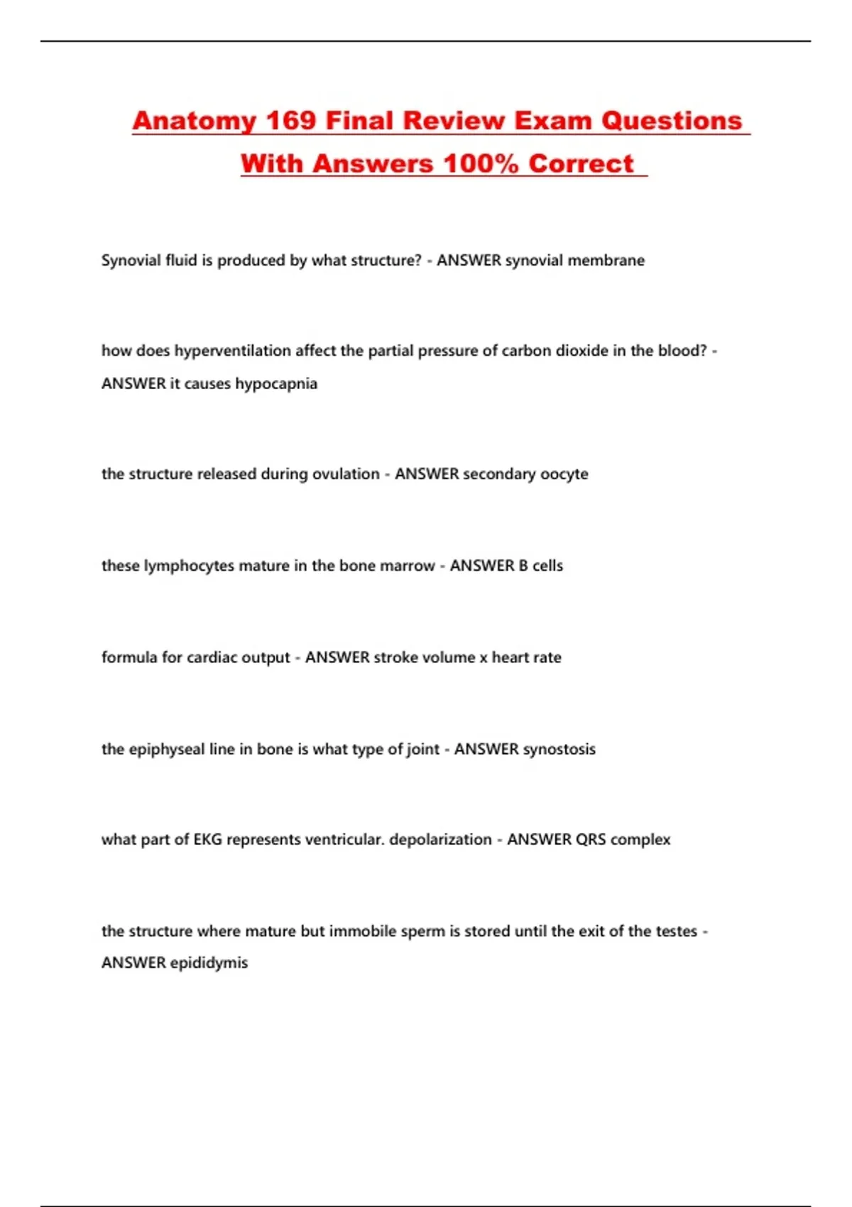 Anatomy 169 Final Review Exam Questions With Answers 100% Correct ...