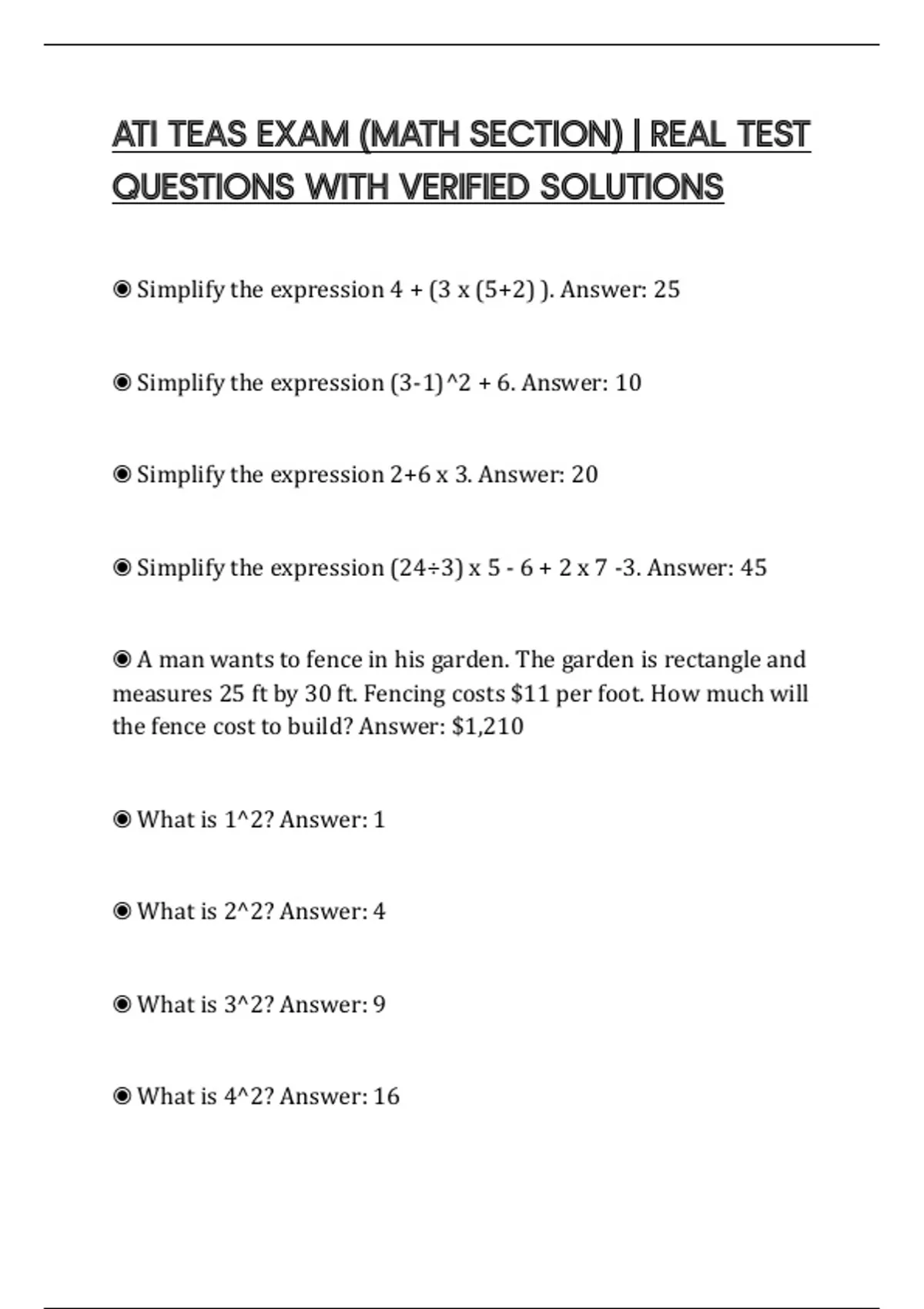 ATI TEAS EXAM (MATH SECTION) | REAL TEST QUESTIONS WITH VERIFIED ...