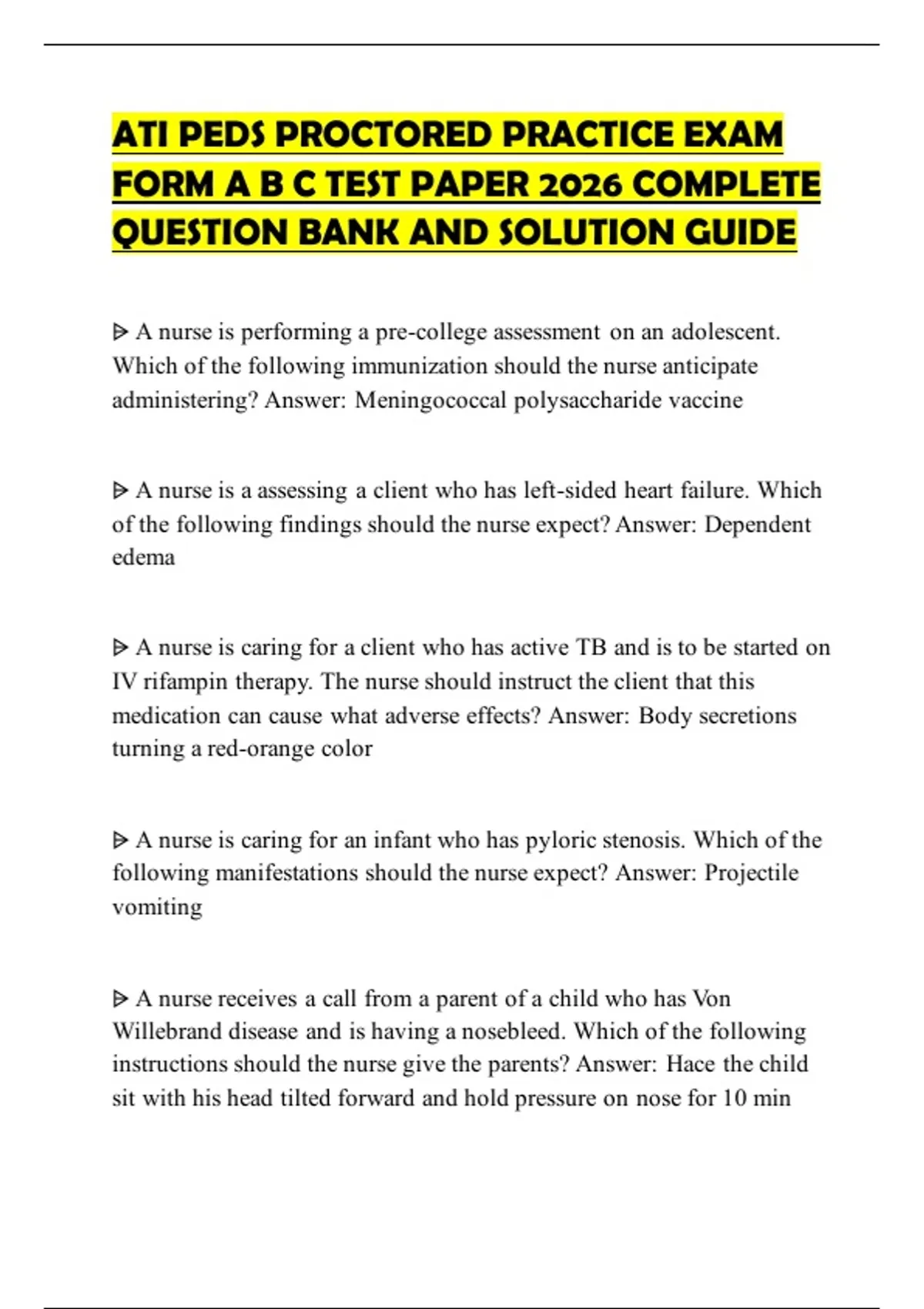 ATI PEDS PROCTORED PRACTICE EXAM FORM A B C TEST PAPER 2026 COMPLETE ...