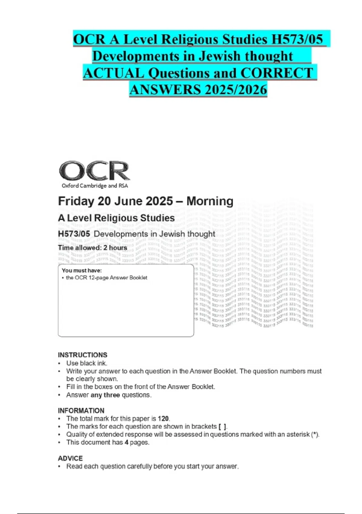 OCR A Level Religious Studies H573/05 Developments in Jewish thought ...