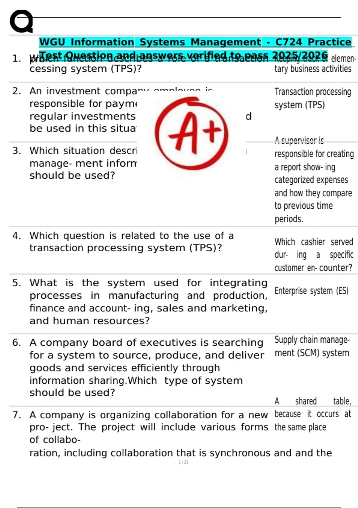 WGU Information Systems Management - C724 Practice Test Question and ...
