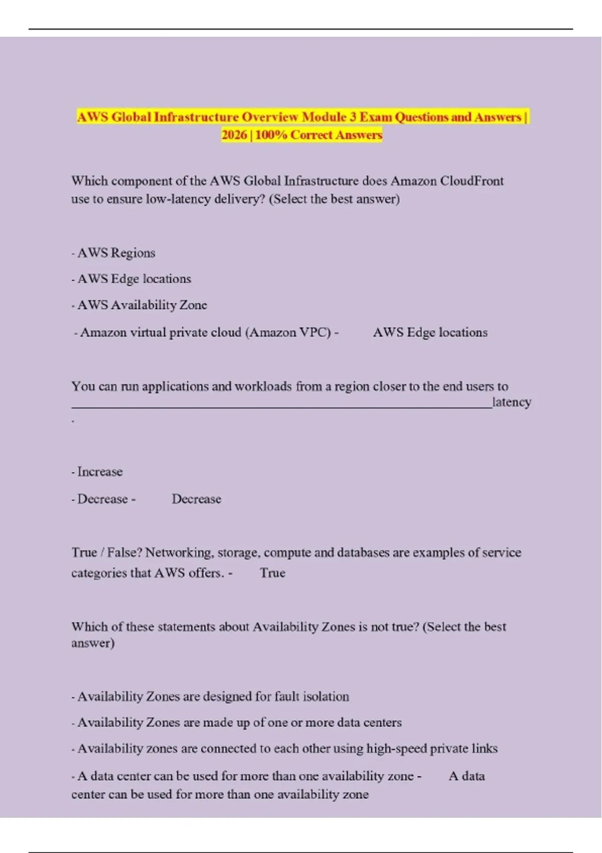 AWS Global Infrastructure Overview Module 3 Exam Questions and Answers ...