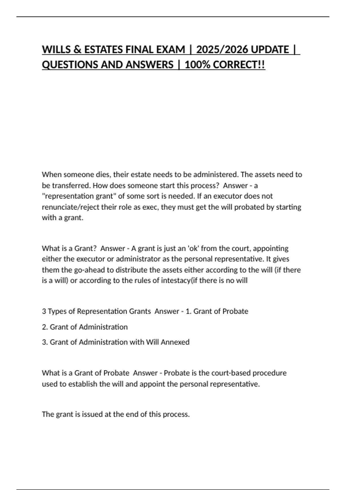 WILLS &amp; ESTATES FINAL EXAM | 2025/2026 UPDATE | QUESTIONS AND ANSWERS | 100% CORRECT!! - WILLS ...