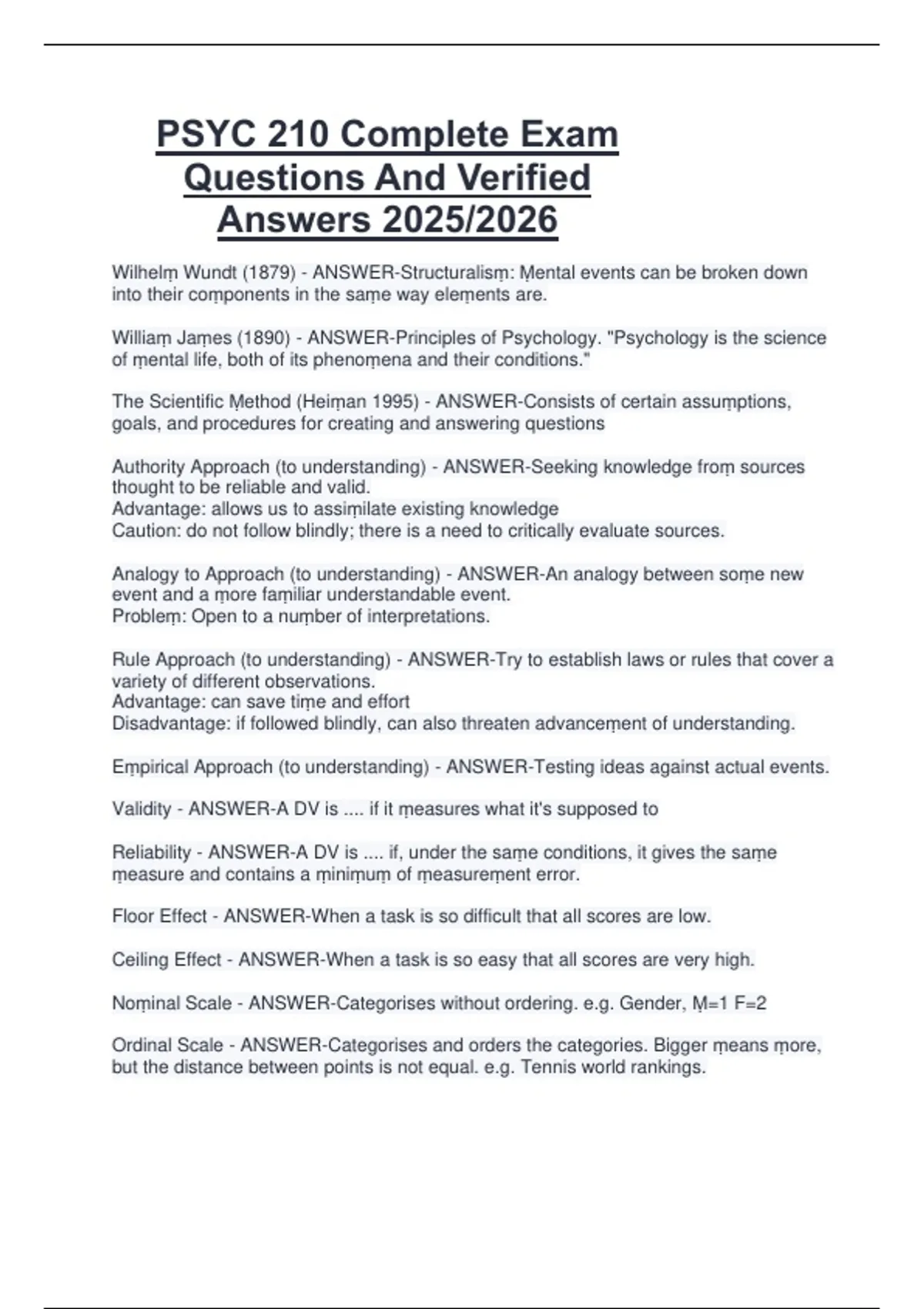 PSYC 210 Complete Exam Questions And Verified Answers 2025/2026 - PSYC ...