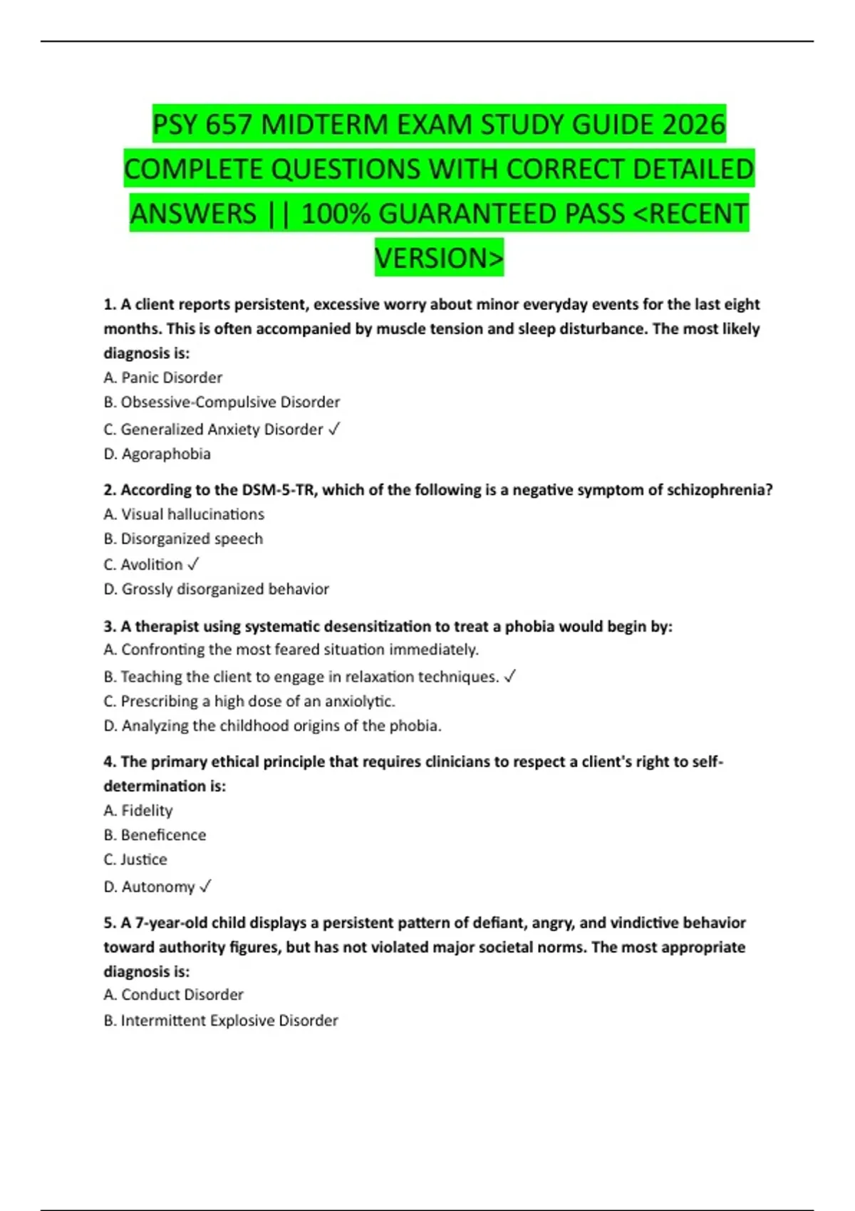 PSY 657 MIDTERM EXAM STUDY GUIDE 2026 COMPLETE QUESTIONS WITH CORRECT ...