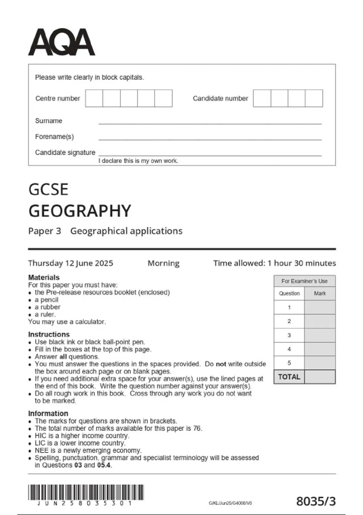 AQA GCSE GEOGRAPHY 2025 PAPER 3 QUESTION PAPER 8035/3 |Geographical ...