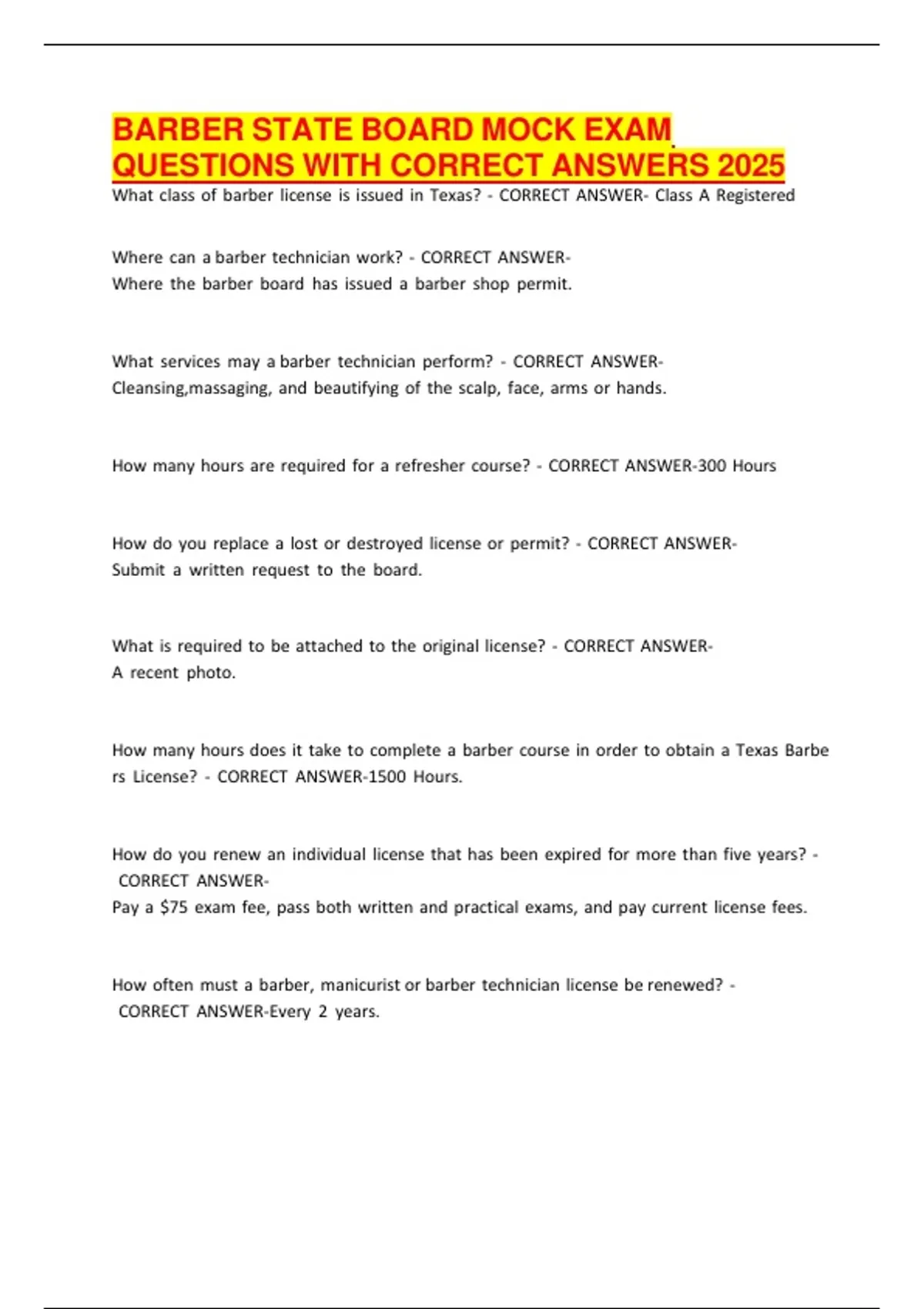 BARBER STATE BOARD MOCK EXAM QUESTIONS WITH CORRECT ANSWERS 2025 - BARBER STATE BOARD MOCK ...