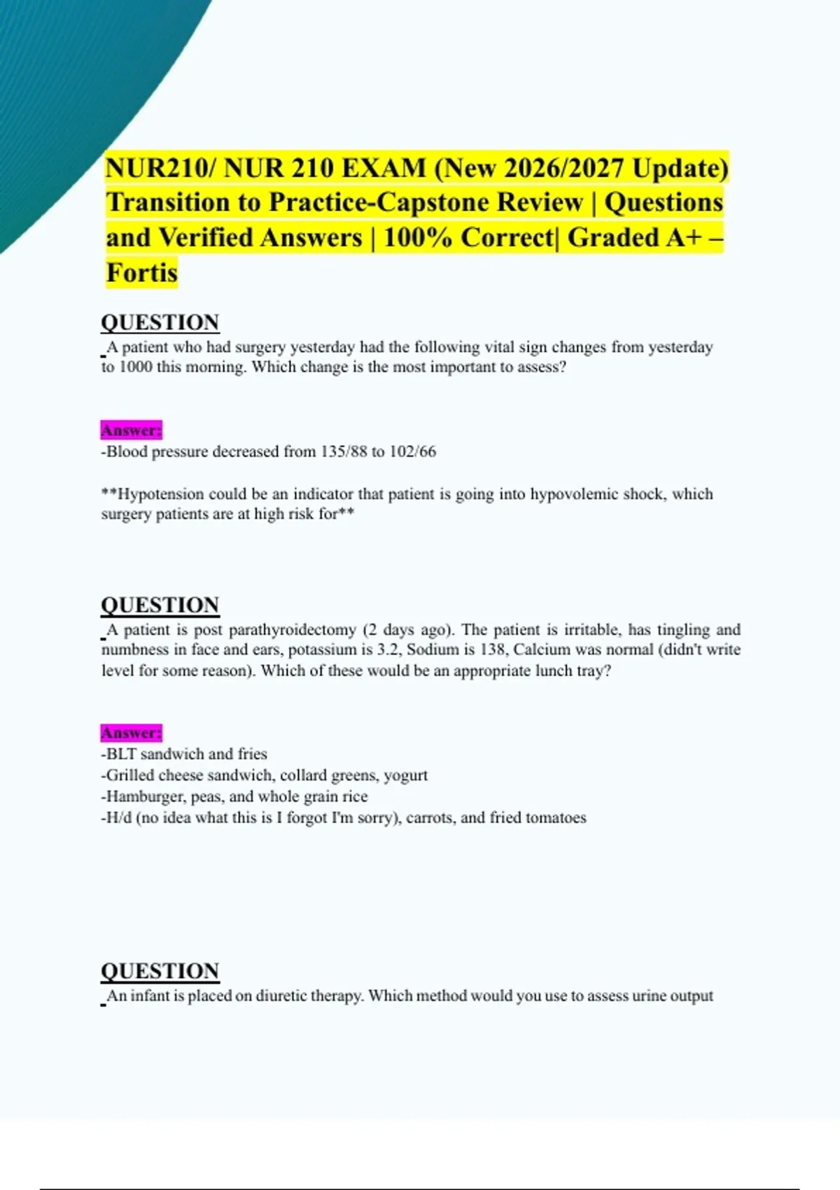 NUR210/ NUR 210 FINAL EXAM (New 2026/2027 Update) Transition to ...