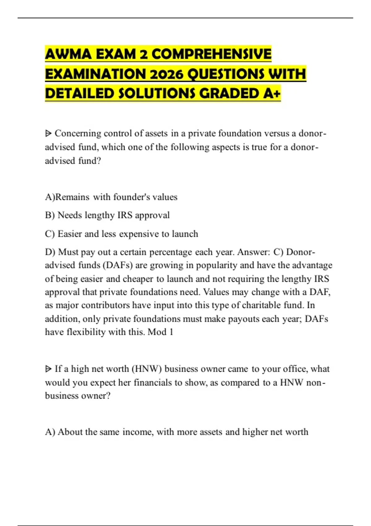 AWMA EXAM 2 COMPREHENSIVE EXAMINATION 2026 QUESTIONS WITH DETAILED ...