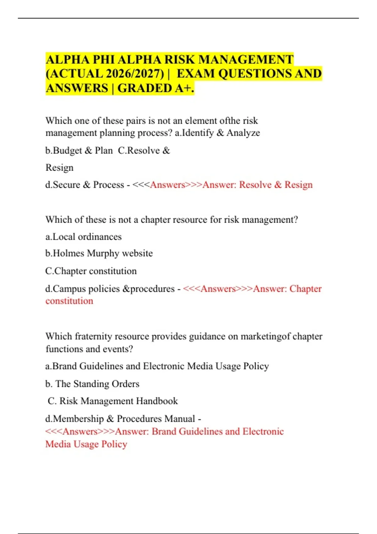 ALPHA PHI ALPHA RISK MANAGEMENT (ACTUAL 2026/2027) | EXAM QUESTIONS AND ...