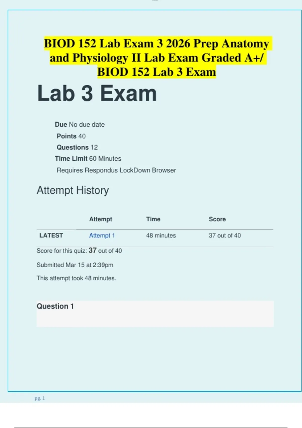 BIOD 152 Lab Exam 3 2026 Prep Anatomy and Physiology II Lab Exam Graded ...